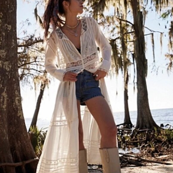 NWT Free People Womens Button Front Long Sleeve Keepsake Maxi Top Ivory Medium - Picture 2 of 13